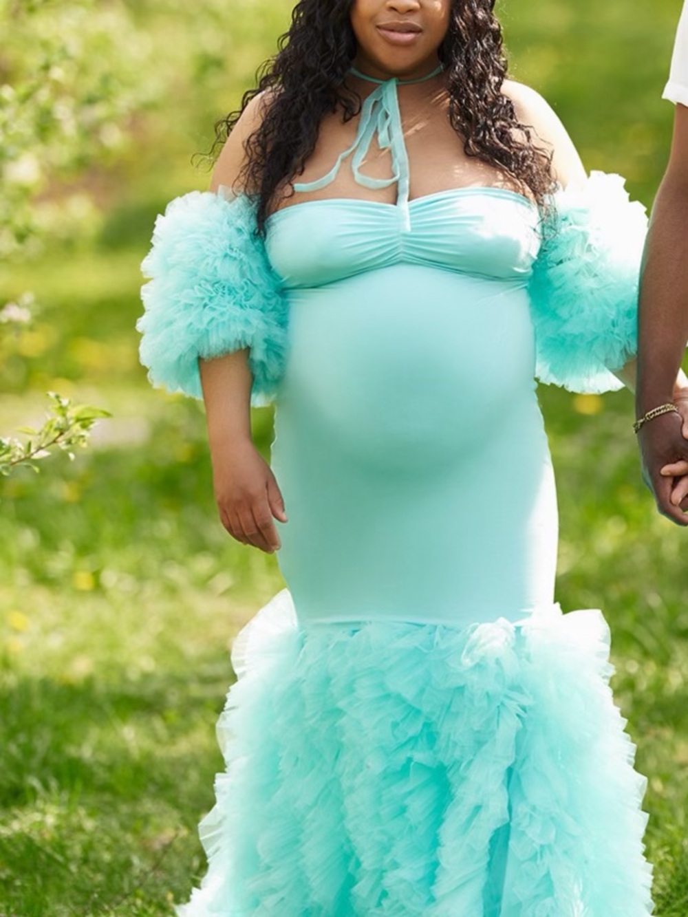 Seafoam Strapless Maternity Mermaid Gown with Ruffled Sleeves